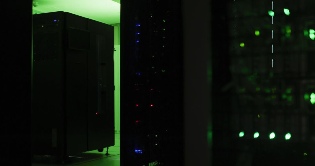 Server Room with Green Illumination and Data Processing Concept
