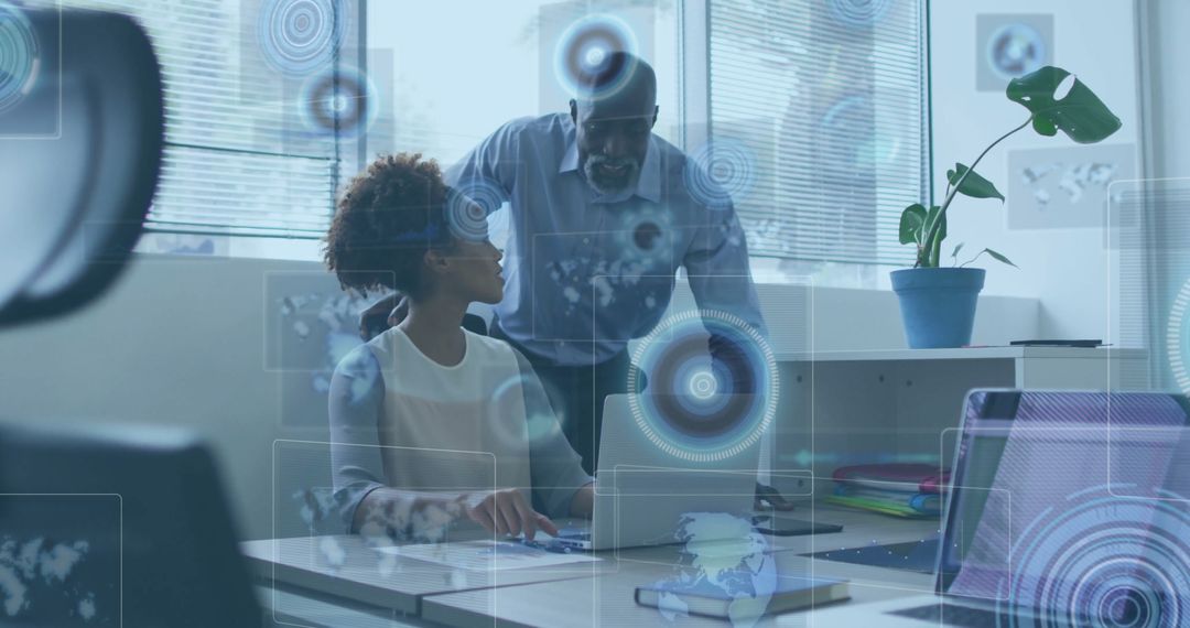 Modern Business Professionals Analyzing Data in Futuristic Workplace