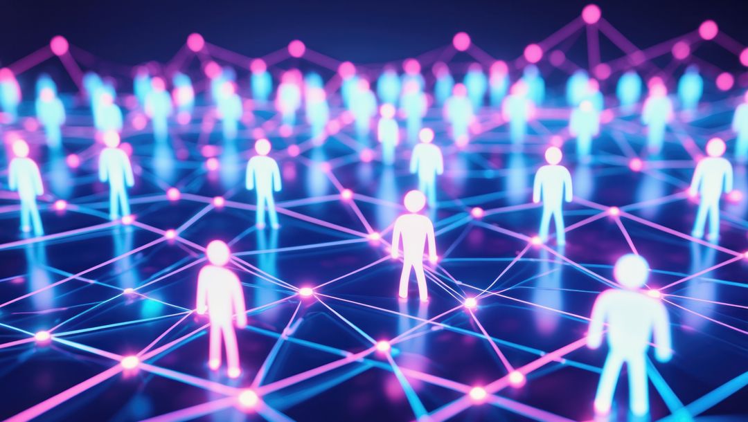 Neon AI Network Connecting Humanoid Figures in Cyberspace