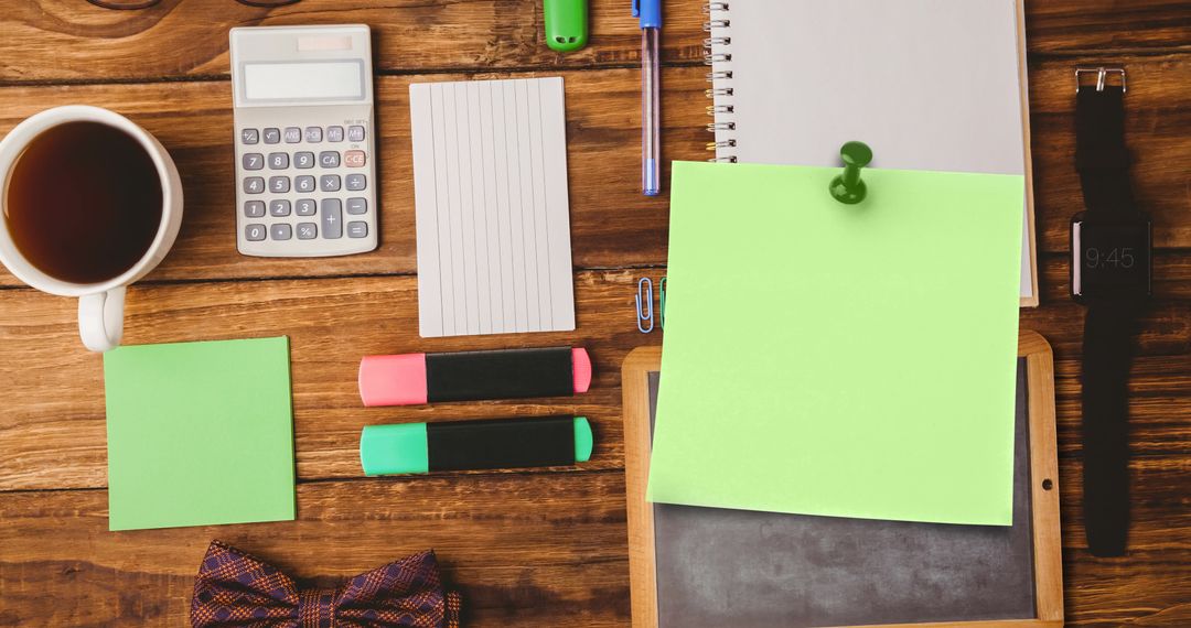 Organized Workspace Desk with Office Supplies and Coffee