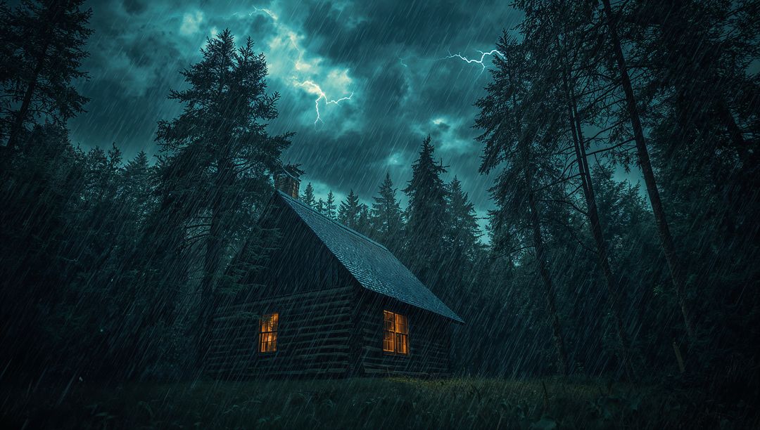 Remote pine cabin glowing amber windows during lightning storm and heavy rain
