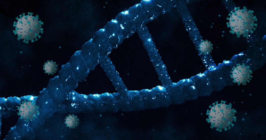 DNA Helix with Floating Virus Particles on Blue Background