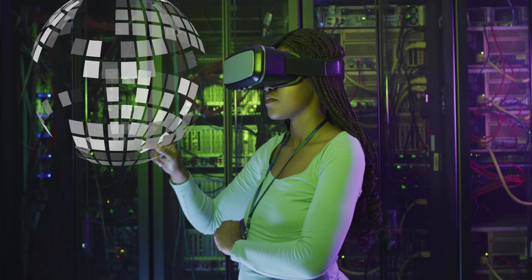 African American Woman Using VR Headset in Data Center