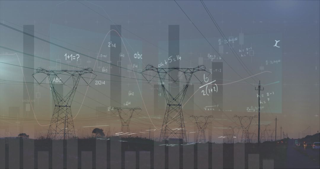 Surreal Power Lines at Dusk with Mathematical Overlay