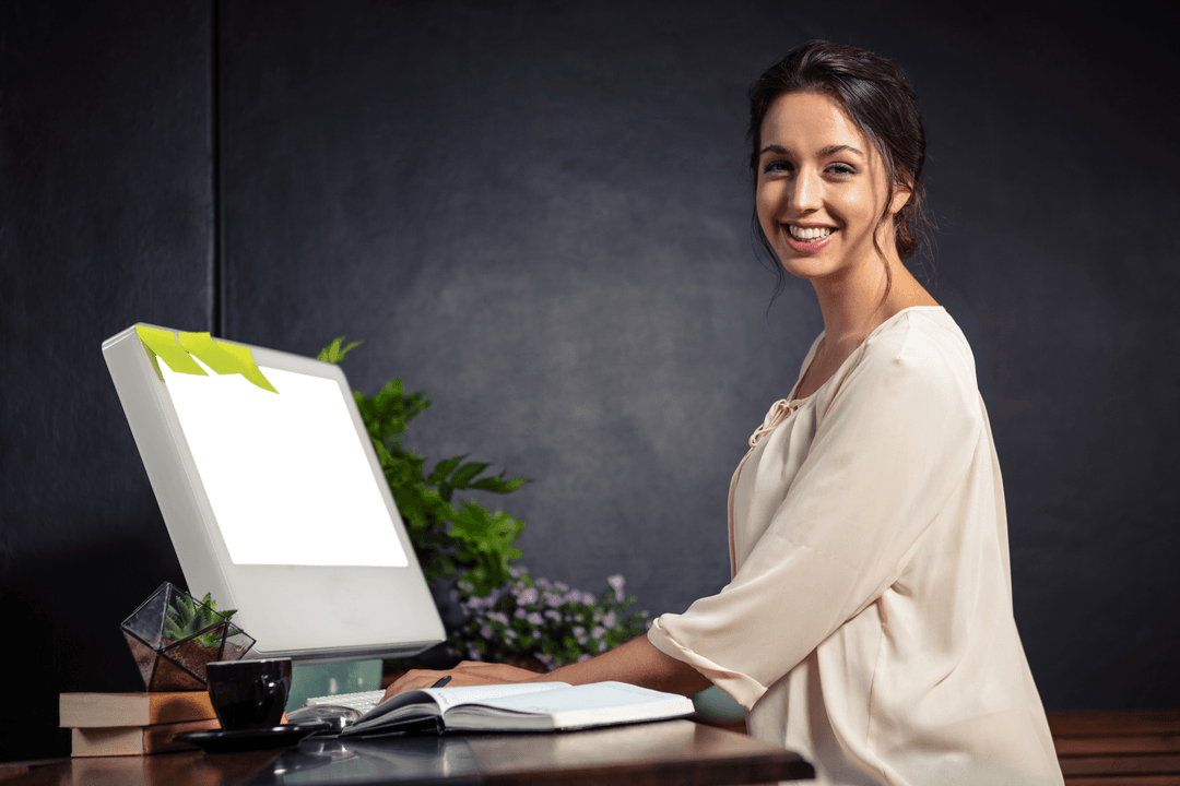 Smiling Woman Posing at Transparent Computer Desk