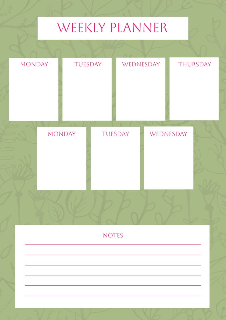 Weekly Planner with Green Floral Background and Seven Day Sections - Download Free Stock Templates Pikwizard.com