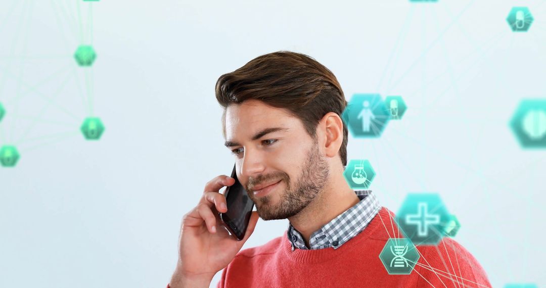 Smiling Young Man on Smartphone with Healthcare Technology Icons
