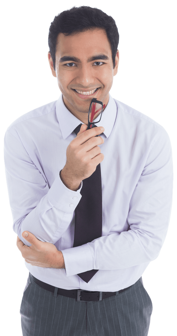 Smiling Businessman Posing with Glasses on Transparent Background