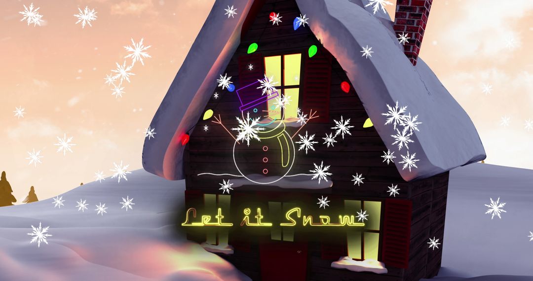 Cozy Snow-Capped Cabin with Falling Snowflakes and Holiday Lights