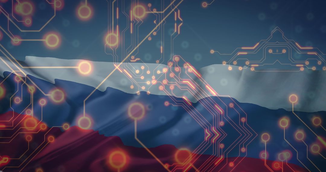 Digital Circuit Board Overlay on Russian Flag Symbolizing Technology
