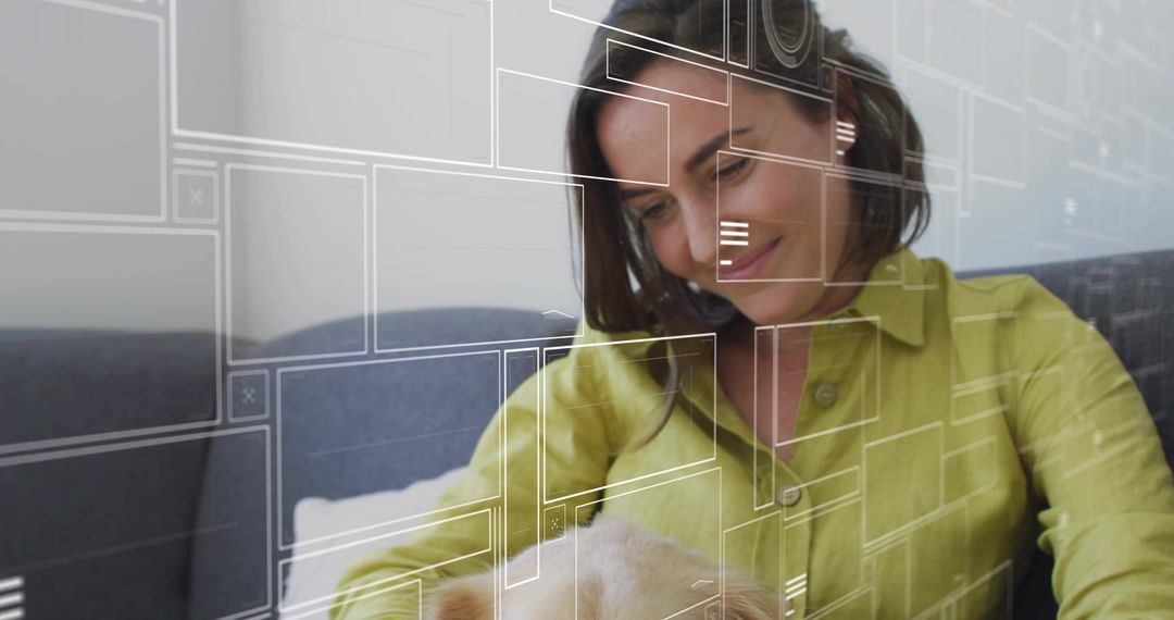 Smiling Woman Petting Dog with Futuristic Interface Overlay