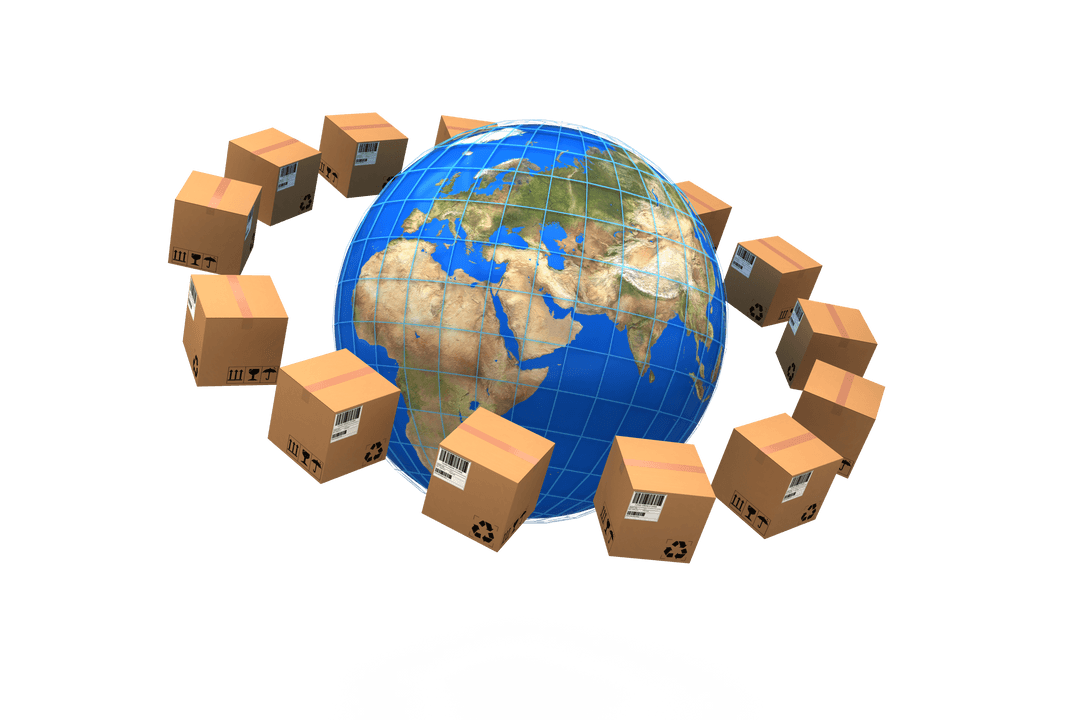 Transparent Globe Surrounded by Cardboard Boxes for International Deliveries