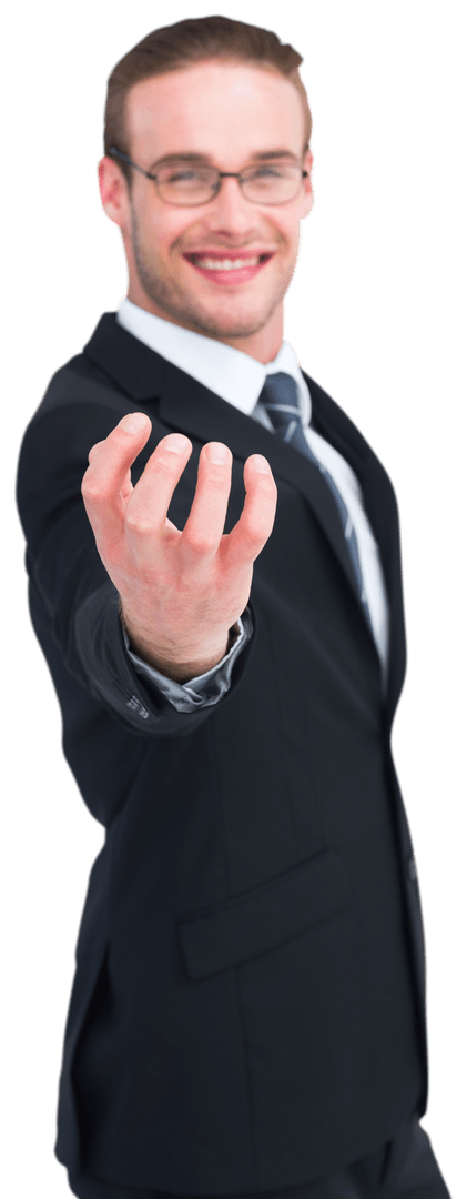 Confident Businessman Extending Hand Gesture on Transparent Background