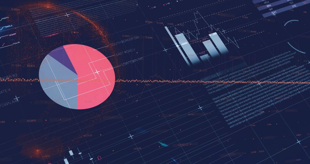 Financial Data with Pie and Bar Graphs on Dark Digital Background