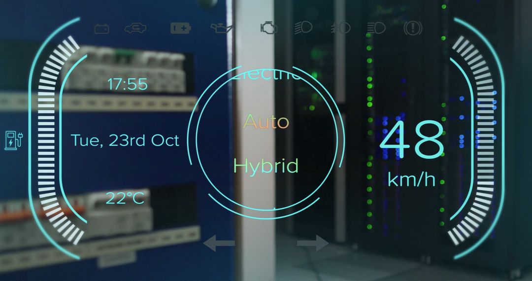Digital Dashboard Display Over Server Room with Holographic Interface