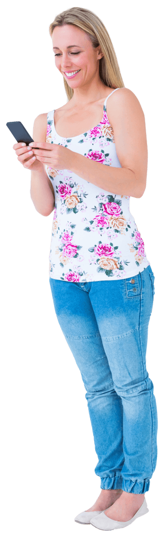 Smiling Blond Woman Texting on Phone in Transparent Background