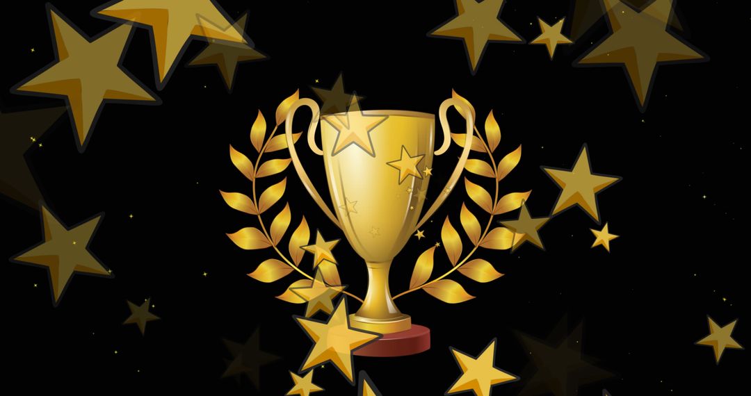 Golden Trophy with Laurel and Stars on Black Background