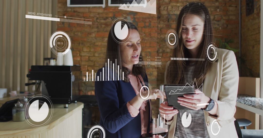 Businesswomen Analyzing Digital Data on Tablet with Infographics Overlay - Free Images, Stock Photos and Pictures on Pikwizard.com