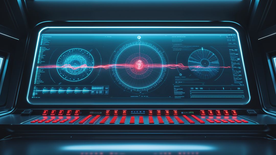 Futuristic holographic interface in command center, red alert concept