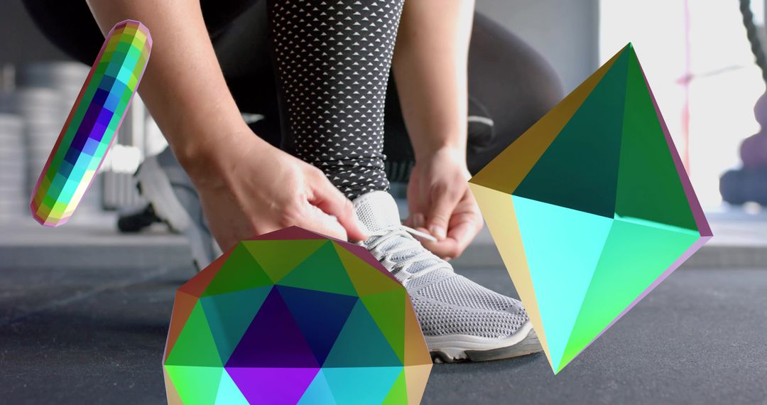 Tying running sneaker laces before workout at gym bench with neon geometric 3D overlays