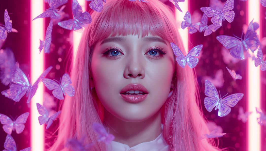 Futuristic Portrait of Pink-Haired Woman with Neon and Butterflies