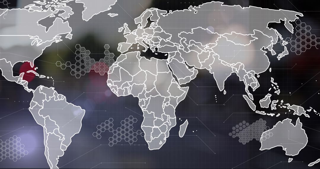 Digital Global Network Map with Hexagon Patterns Overlay