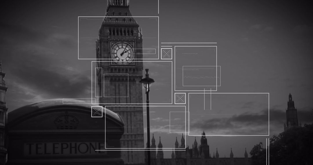 Digital Interface Overlapping Big Ben in London: Merging Data and Classic Architecture