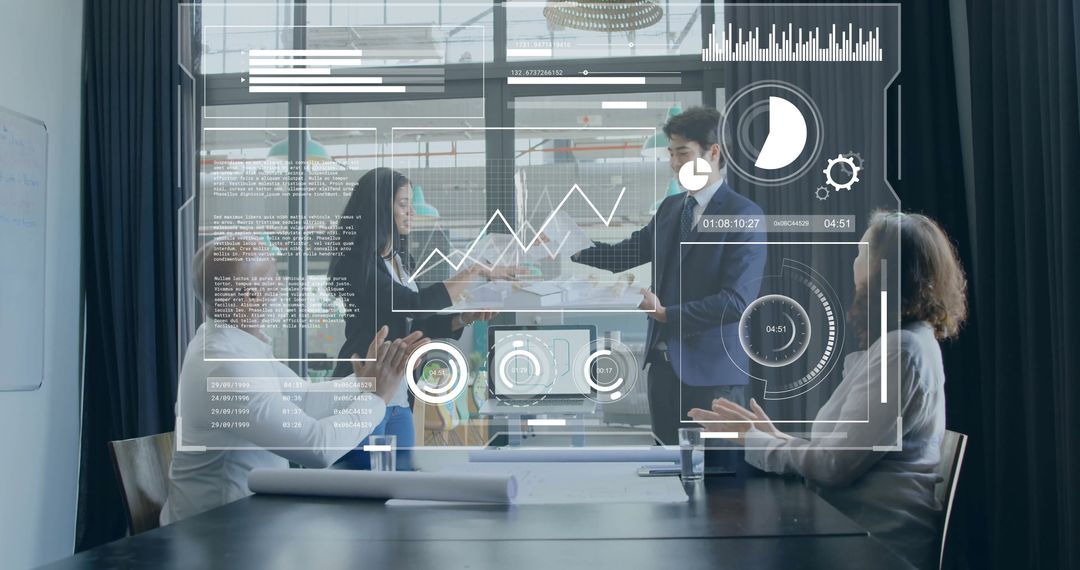 Team Analyzing Financial Data with Futuristic Holographic Interface