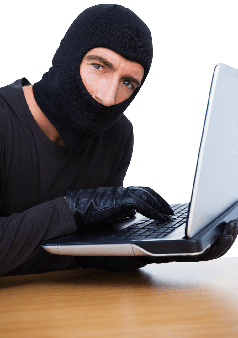 Transparent Burglar Typing with Gloved Hands on Laptop