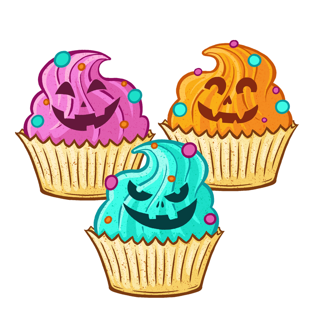 Halloween Cupcakes with Pumpkin Faces and Transparent Background