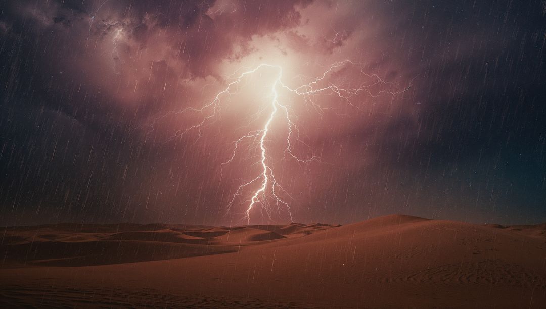 Lightning Bolt over Desert Dunes Amidst Stormy Skies