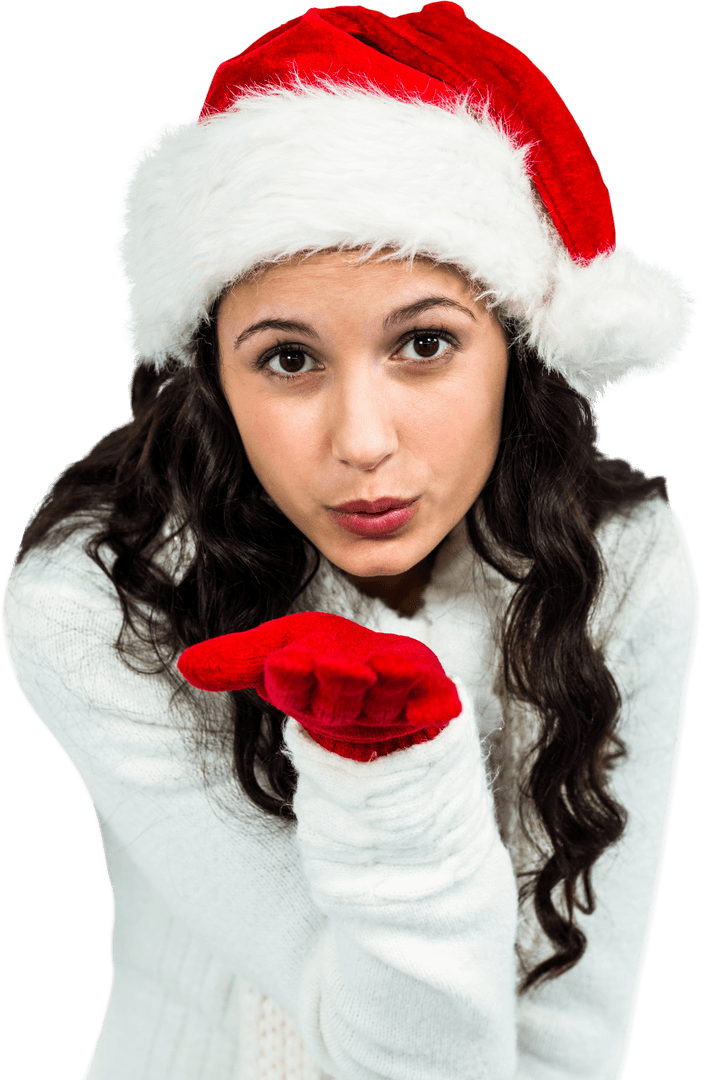 Woman in Santa Hat Blowing Kiss with Red Gloves