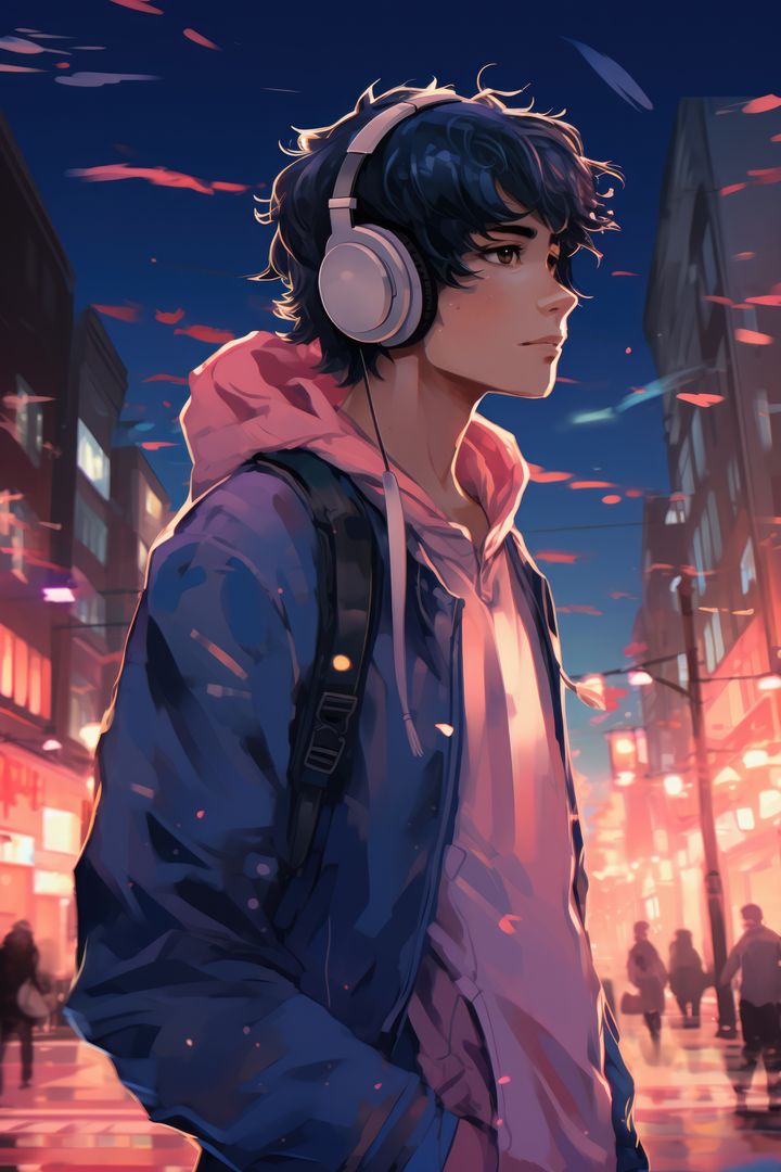 Anime Teen Listening to Music with Headphones in Cityscape - Free Images, Stock Photos and Pictures on Pikwizard.com