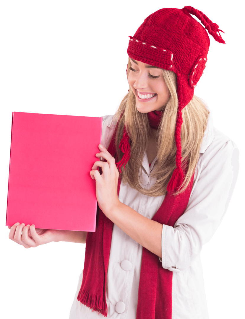Cheerful Woman in Red Winter Hat Holding Blank Red Poster on Transparent Background