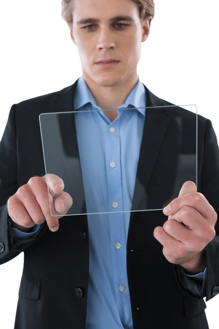 Businessman Interacting with Transparent Glass Screen Display