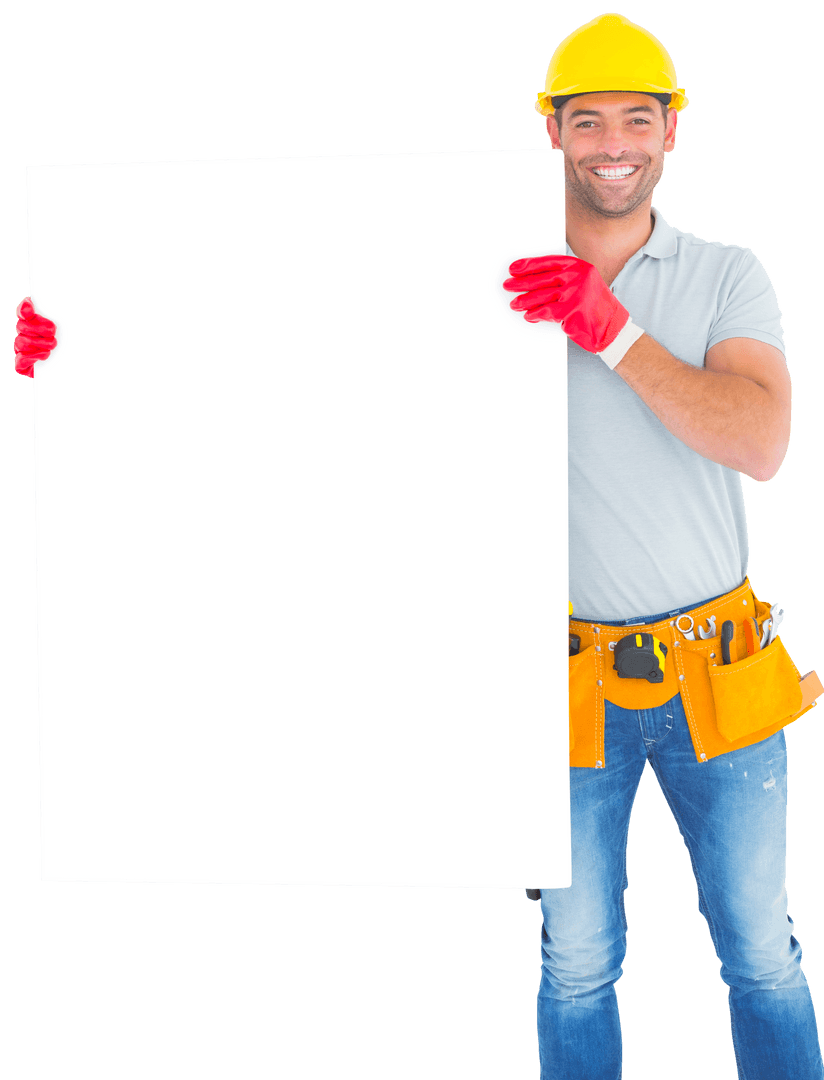 Smiling Repairman Holding Transparent Blank Board