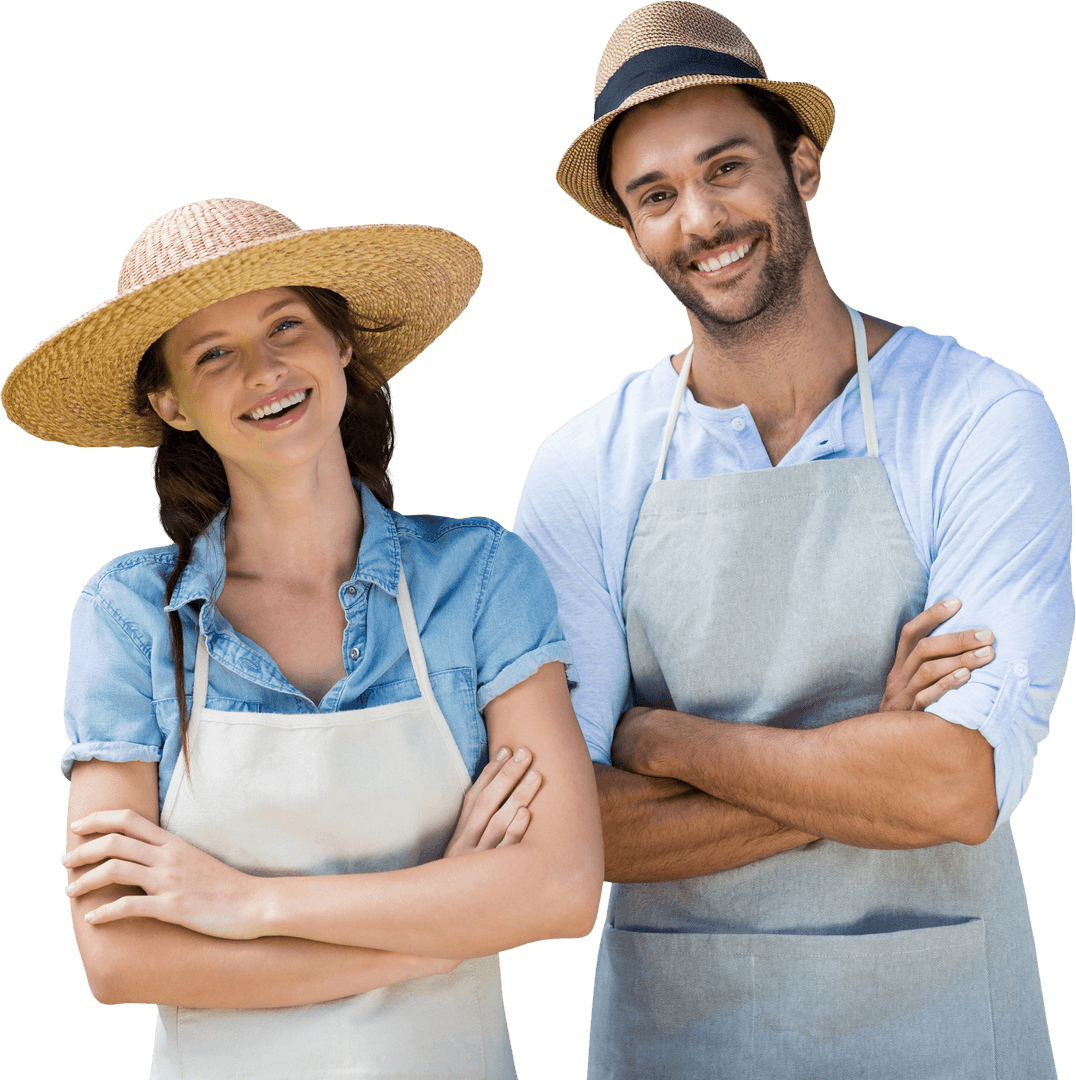 Transparent Portrait of Smiling Couple in Hats and Aprons