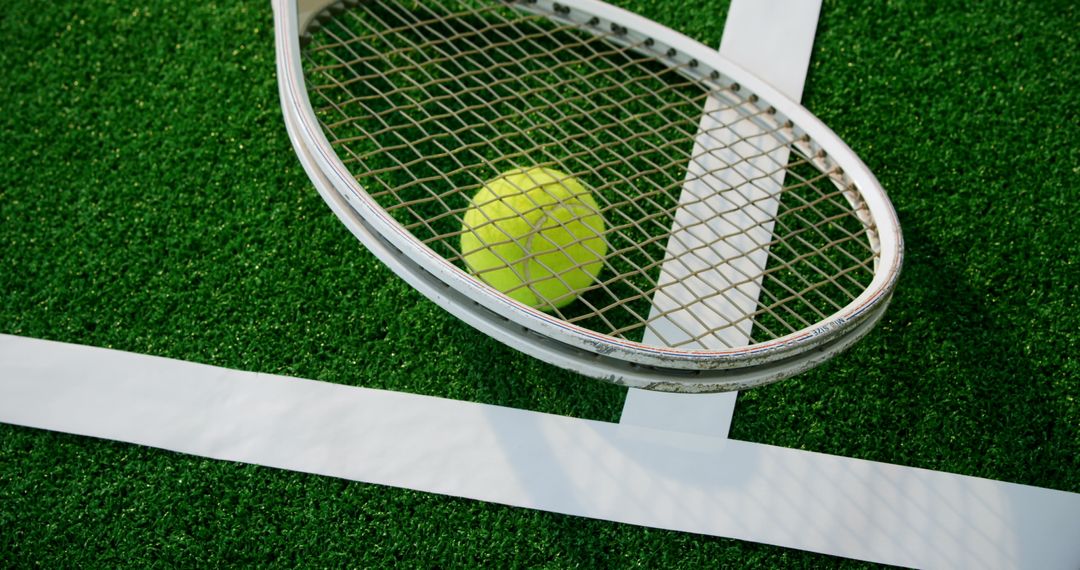 Tennis Racket and Ball on Green Tennis Court at Intersection of Lines - Free Images, Stock Photos and Pictures on Pikwizard.com