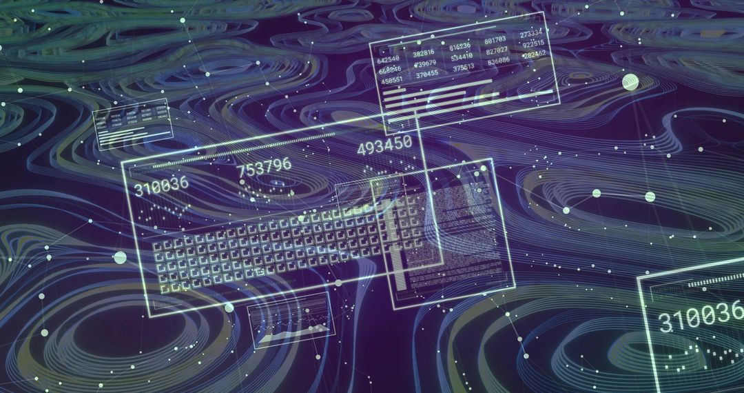 Displaying neon HUD panels and keyboard overlay on swirling topographic waves for dataviz