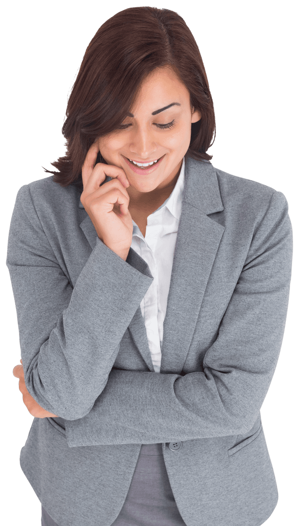 Smiling Biracial Businesswoman In Gray Suit on Transparent Background