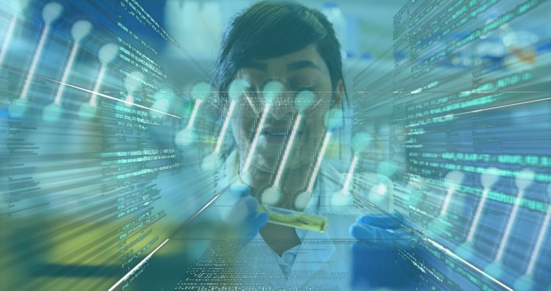 Researcher Analyzing DNA with Technology Overlays in Laboratory