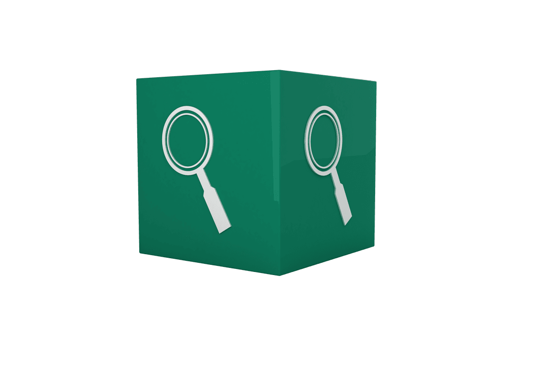 Glossy Green Cube with Magnifying Glass Symbol on Transparent Background