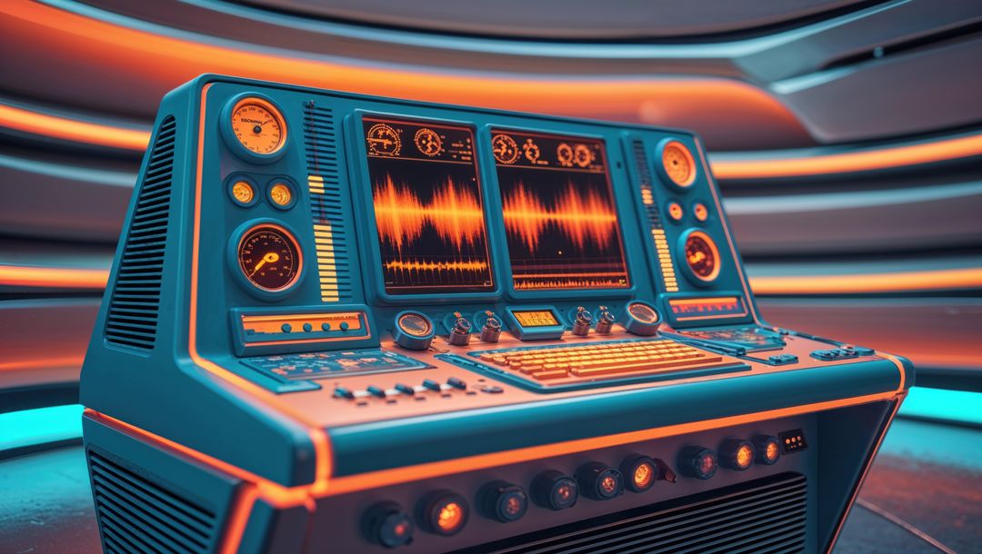 Futuristic control console with neon waveform displays, seismograph concept