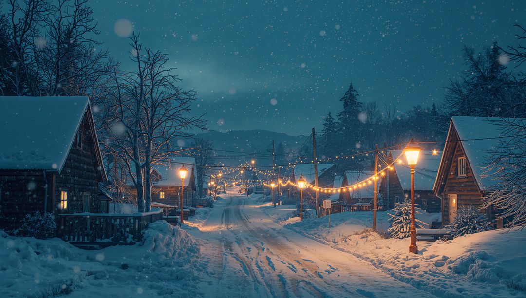 Winter Village Street Lit by Dusk Lamp Posts and Festive String Lights