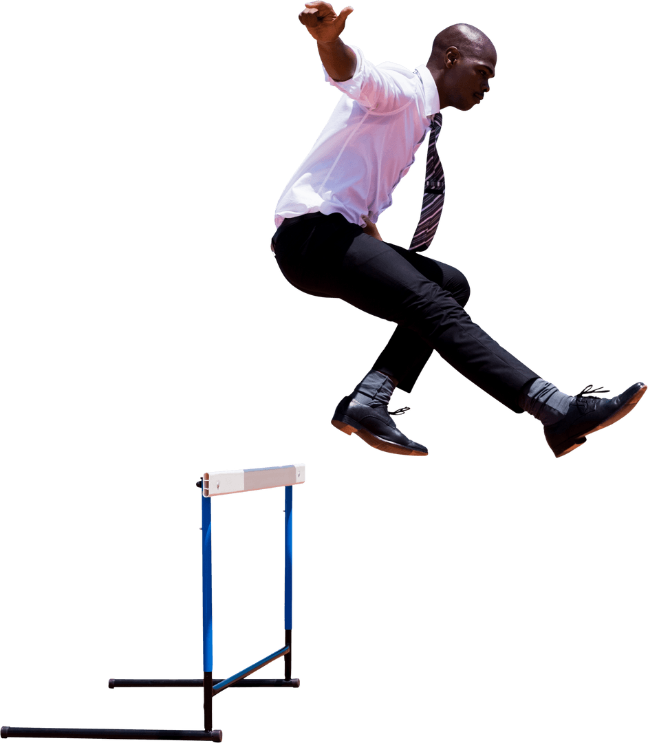Determined Businessman Jumping Over Hurdle on Transparent Background