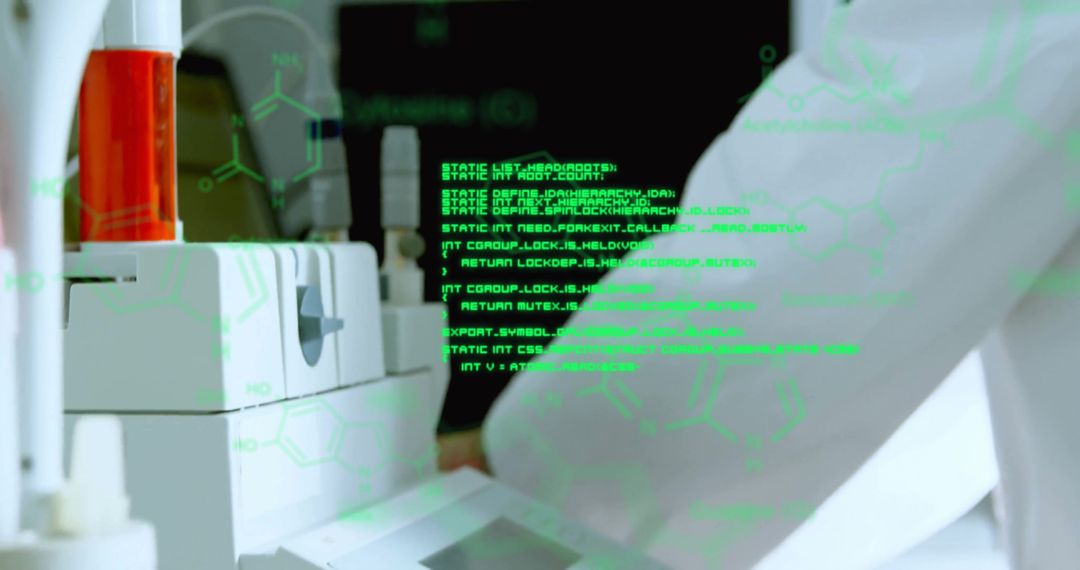 Scientist Working with Digital Data and Chemical Formulas in Laboratory