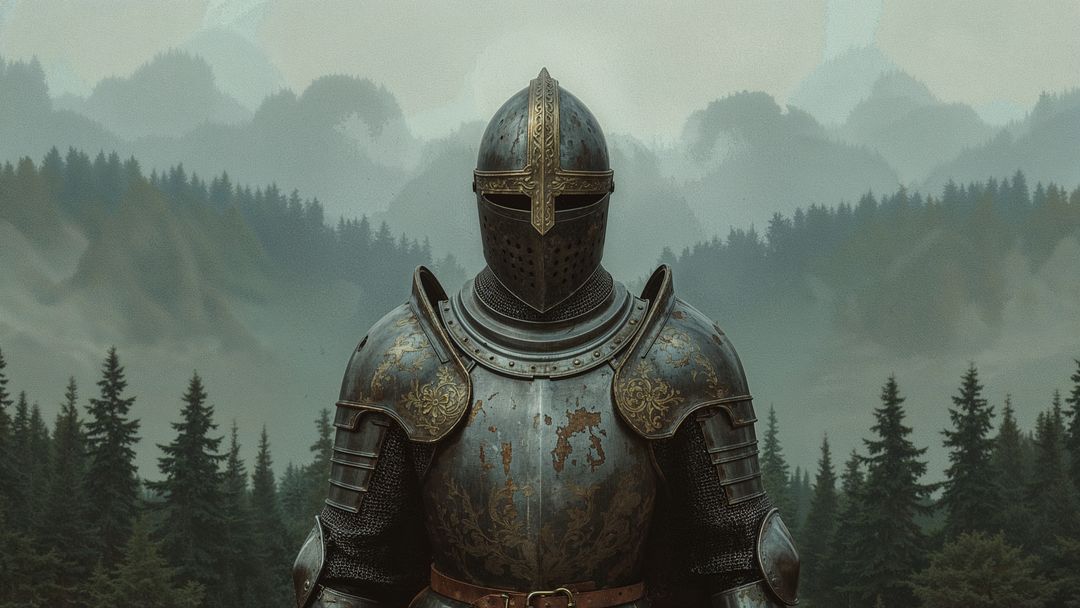 Medieval Knight in Etched Armor in Misty Forest