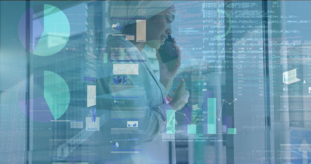 Businesswoman Analyzing Data with Smartphone Holographic Interface