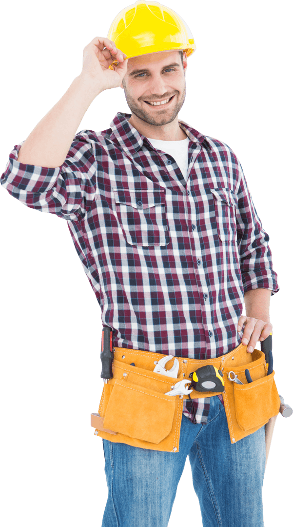Transparent Smiling Handyman with Hard Hat and Tool Belt