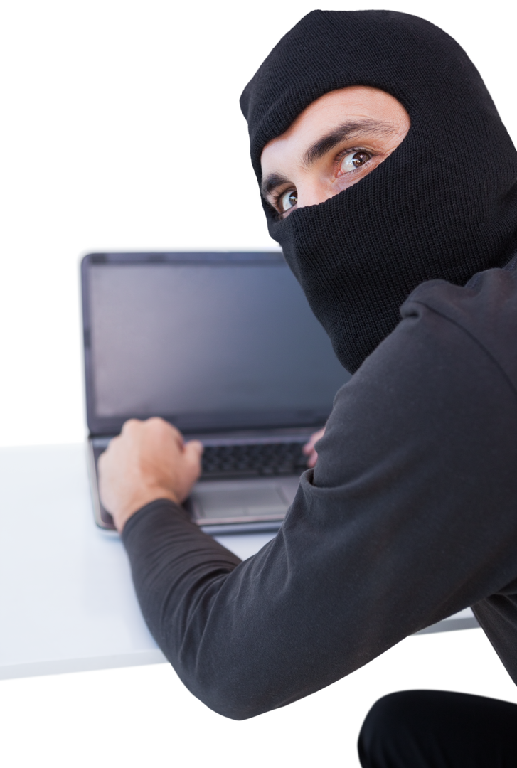 Burglar in Black Mask Hacking Laptop on Transparent Background - Download Free Stock Images Pikwizard.com